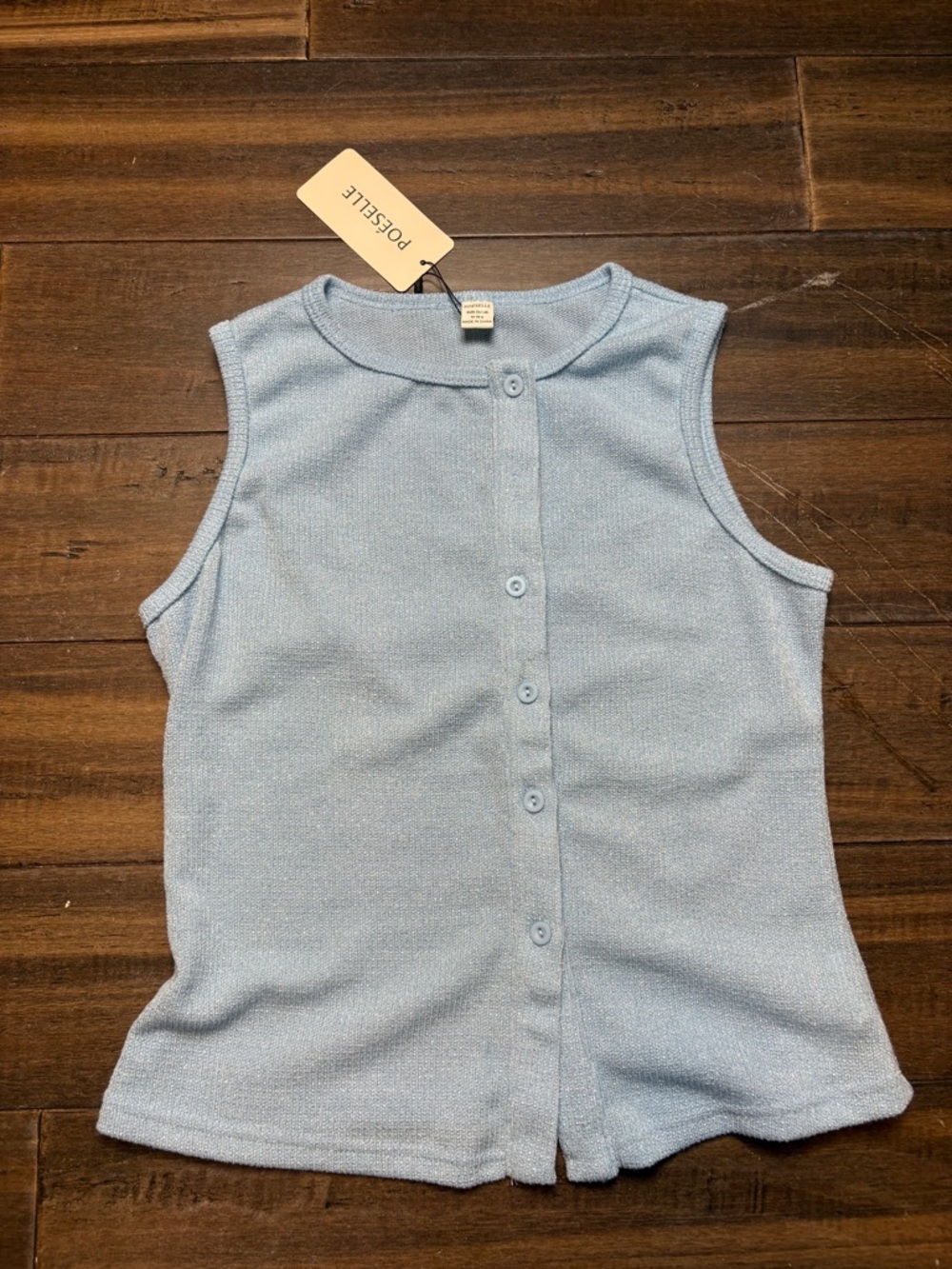 NWT Sz M Light Blue Silver Tinsel Button-Front Ribbed Sleeveless Tank Top